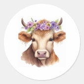 ハイランド牛と花のクリップアート ラウンドシール (正面)