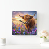 ハイランド牛のカラフルの花畑 スクエア壁時計 (ホーム)