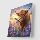 ハイランド牛のカラフルの花畑 スクエア壁時計 (傾斜)