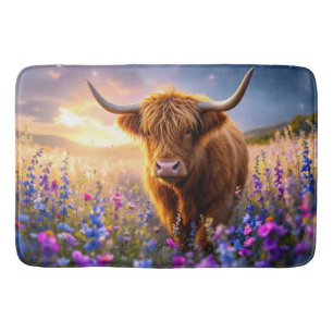 ハイランド牛のカラフルの花畑 バスマット