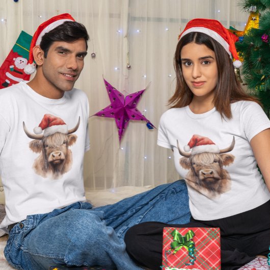 ハイランド牛のクリスマスウォーター色 Tシャツ