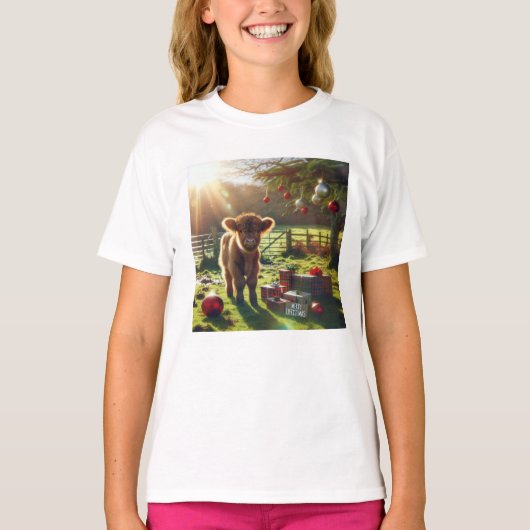 ハイランド牛のクリスマスTシャツ Tシャツ (正面)