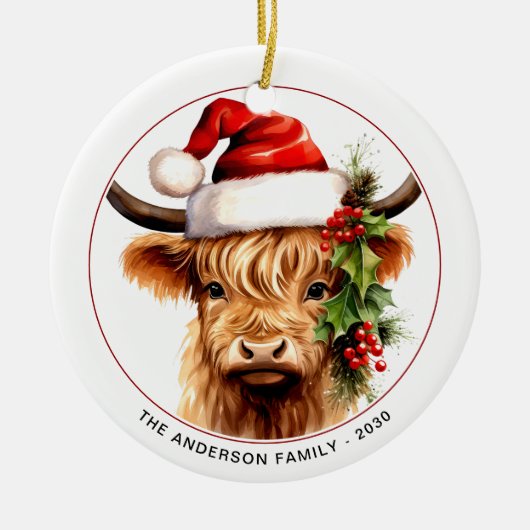 ハイランド牛のフェスティバルかわいいファーム動物クリスマス セラミックオーナメント (正面)
