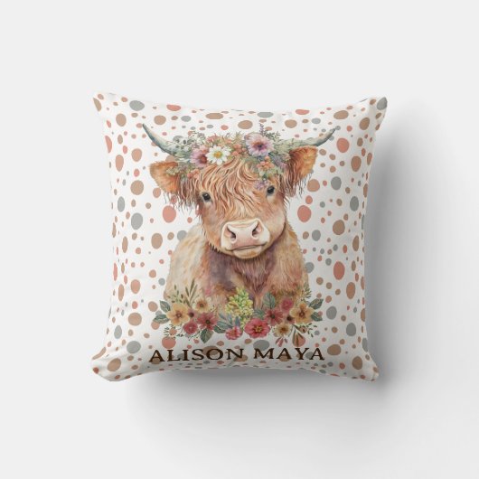 ハイランド牛のフローラ水色天然色 クッション (正面)