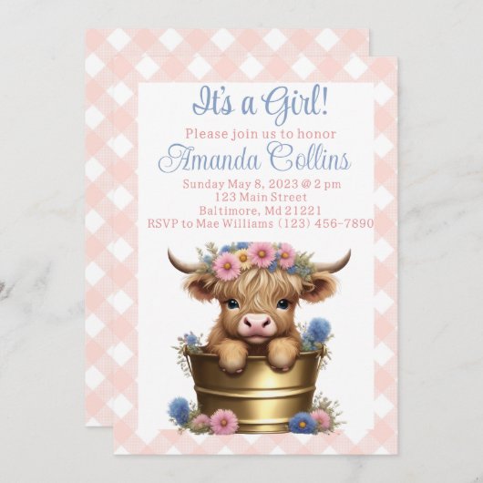 ハイランド牛のフローラ赤ちゃんシャワー 招待状 (正面/裏面)