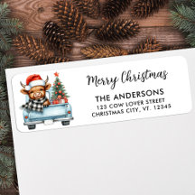 ハイランド牛のヴィンテージトラッククリスマスリターン住所