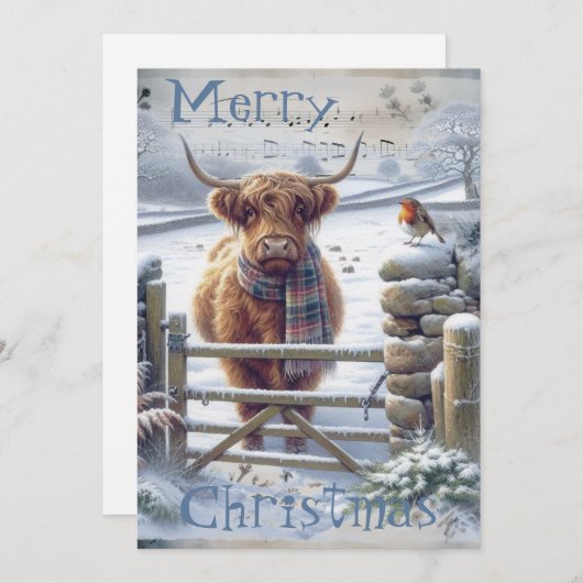 ハイランド牛の冬のクリスマスウォーター色 シーズンカード (正面/裏面)
