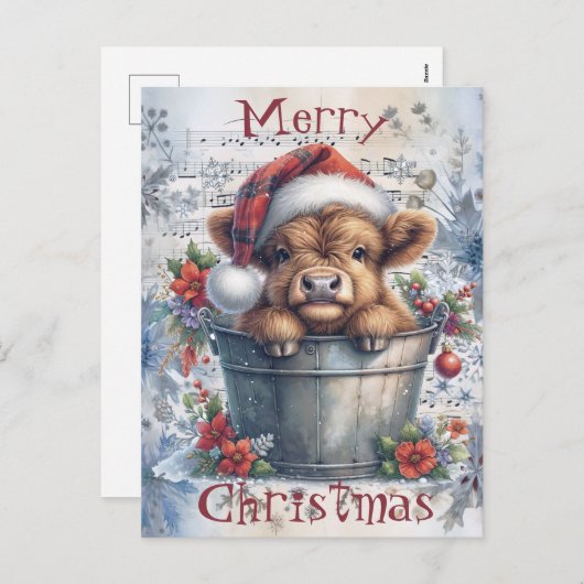 ハイランド牛の冬のクリスマスウォーター色 シーズンポストカード (正面/裏面)