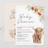 ハイランド牛の子 オレンジ ボヘミアンフラワー ベイビーシャワー 招待状 (正面/裏面)