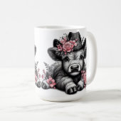 ハイランド牛の帽子とフローラ装飾 コーヒーマグカップ (正面右)