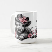 ハイランド牛の帽子とフローラ装飾 コーヒーマグカップ (正面左)