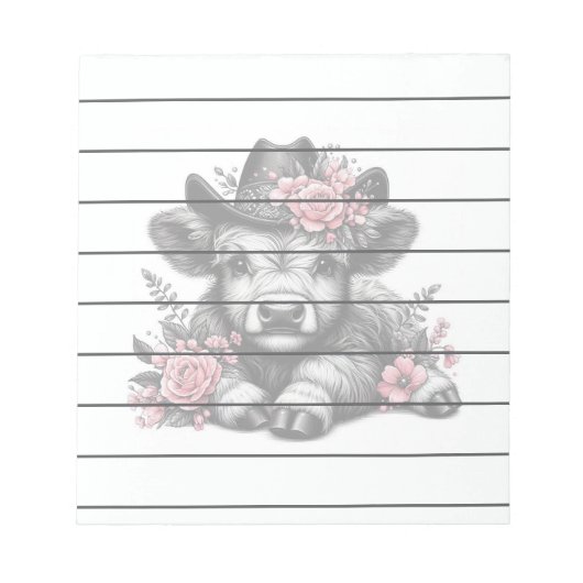 ハイランド牛の帽子とフローラ装飾 ノートパッド (正面)