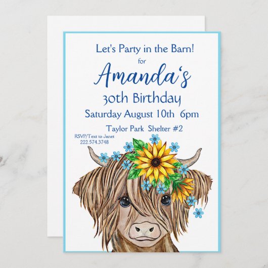 ハイランド牛の招待状、牛の誕生日パーティー 招待状 (正面/裏面)