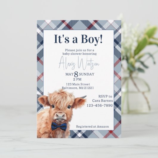 ハイランド牛の格子状の赤ちゃんシャワーの招待状 招待状 (スタンド正面)