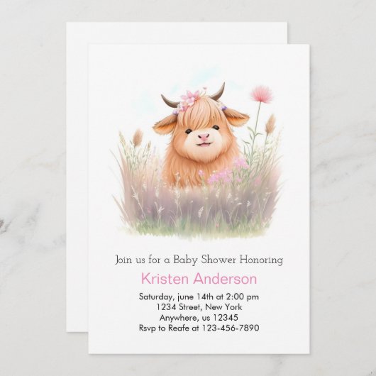 ハイランド牛の水の色の女の子の赤ちゃんシャワー 招待状 (正面/裏面)
