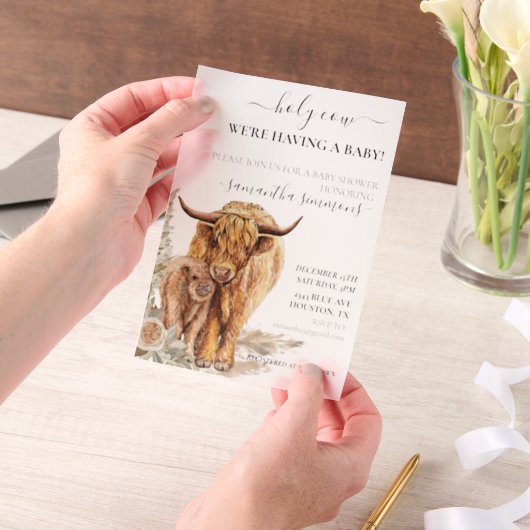 ハイランド牛の水の色ベビーシャワーBoho ベラム紙招待状 (ポータブル)