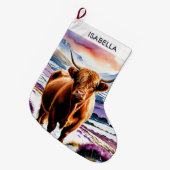 ハイランド牛の水彩動物 ラージクリスマスストッキング (正面 (吊り時))