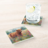 ハイランド牛の水色ワイルドフラワーフィールド ガラスコースター (アングル)