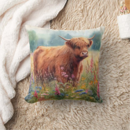 ハイランド牛の水色ワイルドフラワーフィールド クッション