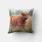 ハイランド牛の水色ワイルドフラワーフィールド クッション (裏面)