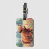 ハイランド牛の水色ワイルドフラワーフィールド ラゲッジタグ (正面縦)