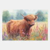 ハイランド牛の水色ワイルドフラワーフィールド ラッピングペーパーシート (正面)