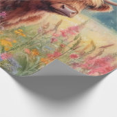 ハイランド牛の水色ワイルドフラワーフィールド ラッピングペーパー (角)