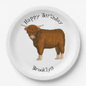 ハイランド牛の漫画イラストレーション ペーパープレート (正面)