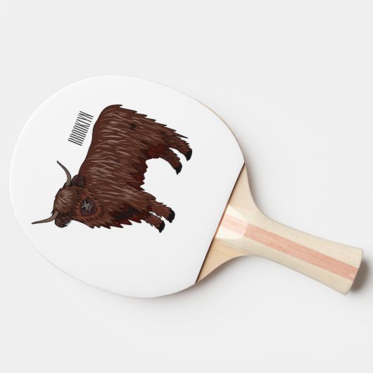 ハイランド牛の漫画イラストレーション 卓球ラケット (横)
