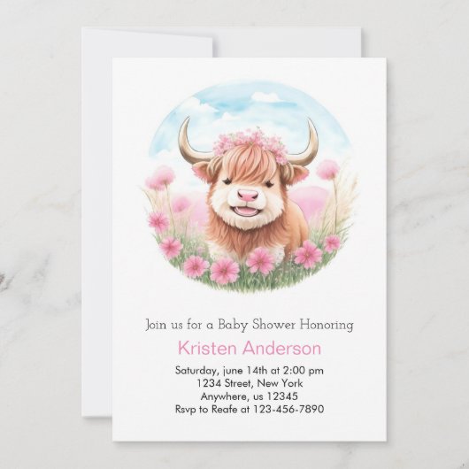 ハイランド牛の牧草地ピンクの女の子の赤ちゃんシャワー 招待状 (正面)