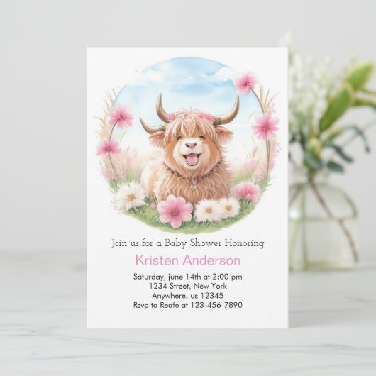 ハイランド牛の牧草地Whimsyピンクの女の子の赤ちゃんシャワー 招待状 (スタンド正面)