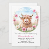 ハイランド牛の牧草地Whimsyピンクの女の子の赤ちゃんシャワー 招待状 (正面/裏面)