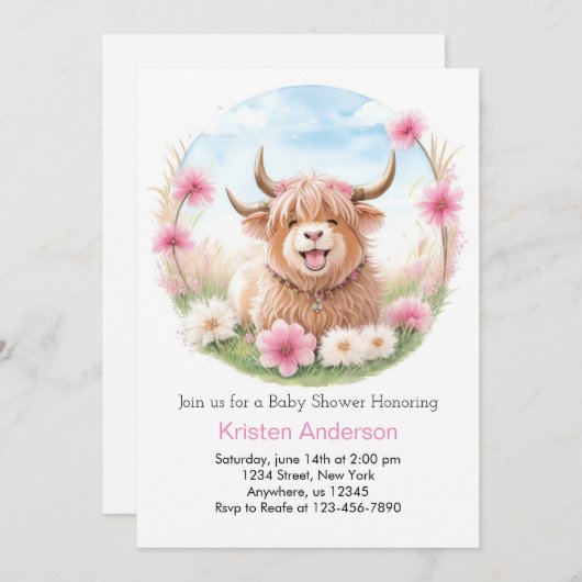 ハイランド牛の牧草地Whimsyピンクの女の子の赤ちゃんシャワー 招待状 (正面/裏面)