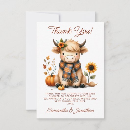 ハイランド牛の秋かわいい子牛の赤ちゃんシャワー サンキューカード (正面)