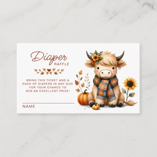 ハイランド牛の秋かわいい赤ちゃんシャワーおむつラッフル エンクロージャーカード (正面)
