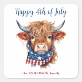 ハイランド牛の第4日7月の赤白青愛国心 スクエアシール (正面)