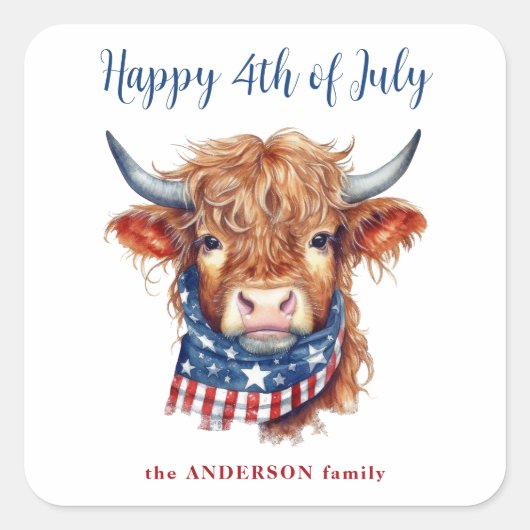ハイランド牛の第4日7月の赤白青愛国心 スクエアシール (正面)