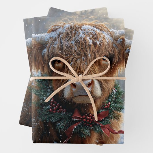 ハイランド牛の素朴納屋周囲の庭クリスマスデクページ ラッピングペーパーシート (インサイチュ)