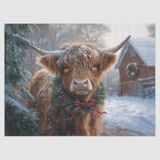 ハイランド牛の素朴納屋周囲の庭クリスマスデクページ 薄葉紙 (正面)