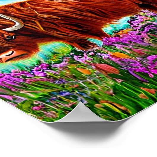 ハイランド牛の絵画風景 ポスター (角)