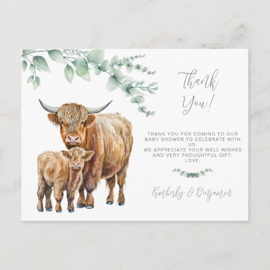 ハイランド牛の緑の赤ちゃんシャワーありがとう シーズンポストカード (正面)