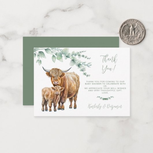 ハイランド牛の緑の農場の赤ちゃんシャワーありがとう ノートカード (正面/裏面インサイチュ)