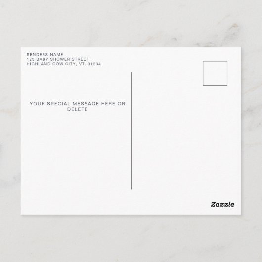 ハイランド牛の緑の農場の赤ちゃんシャワーありがとう ポストカード (裏面)