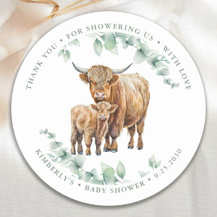 ハイランド牛の緑の農業動物の赤ちゃんシャワー ラウンドシール