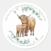 ハイランド牛の緑の農業動物の赤ちゃんシャワー ラウンドシール (正面)