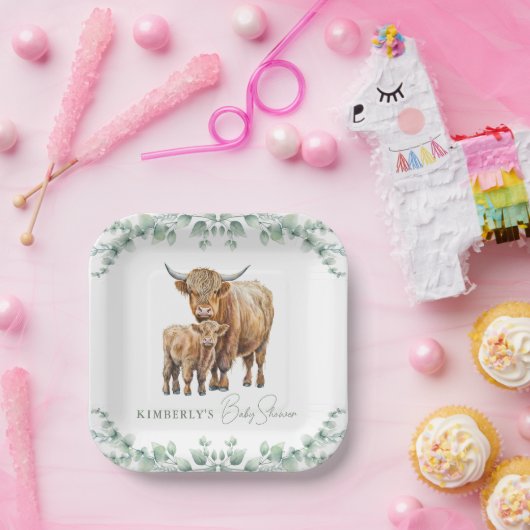 ハイランド牛の緑ボホファーム動物の赤ちゃんシャワー ペーパープレート (パーティー)