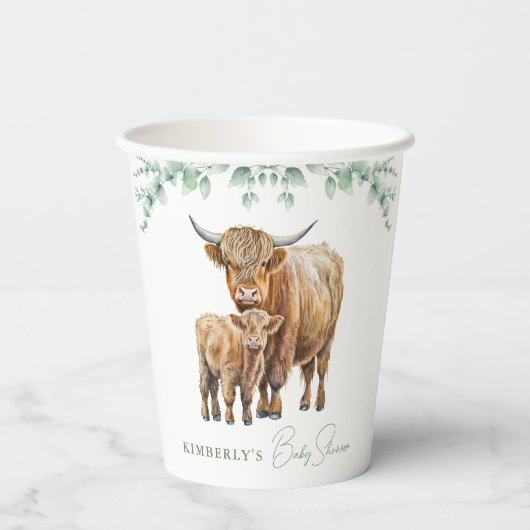 ハイランド牛の緑ボホファーム動物の赤ちゃんシャワー 紙コップ (裏面)