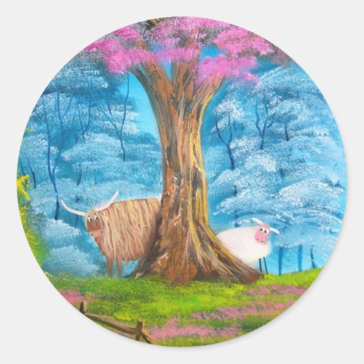 ハイランド牛の羊のフォーク絵画 ラウンドシール (正面)