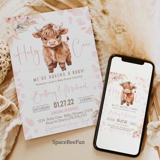 ハイランド牛の聖い牛の赤ちゃんシャワー女の子 招待状