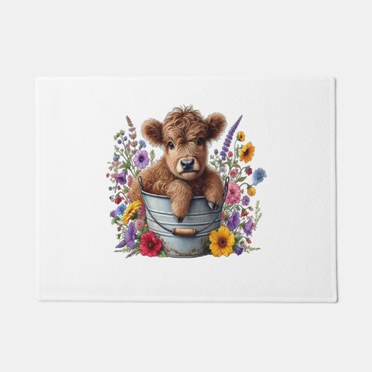 ハイランド牛の花のバケツ、かわいい ドアマット (正面)